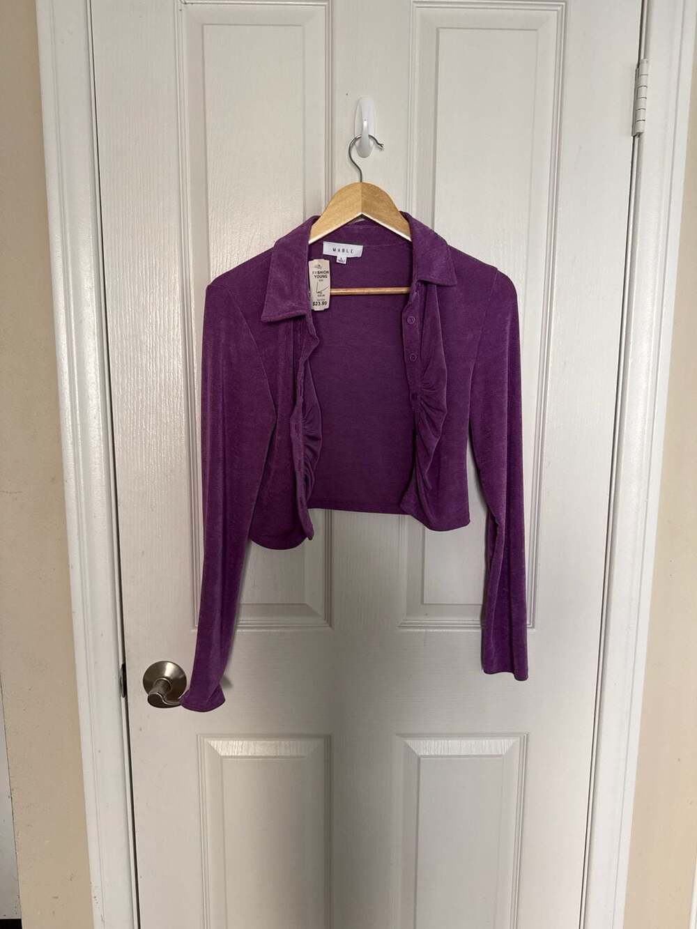 MABLE Purple Cropped Long Sleeve Button Up Collared Top Size L